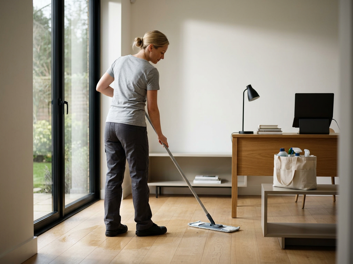 Woman mopping hardwood floor in bright room with large glass sliding door and desk with lamp, books, and computer.