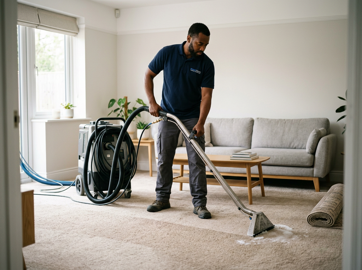 Man using carpet cleaning machine on beige carpet in living room with sofa and plants.