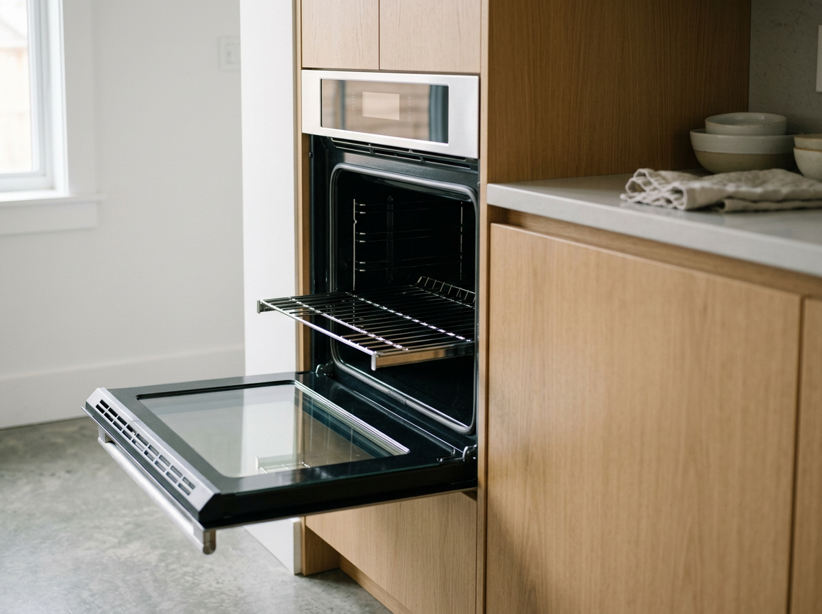 Open built-in oven in a modern kitchen with a light wood cabinet and a white countertop.