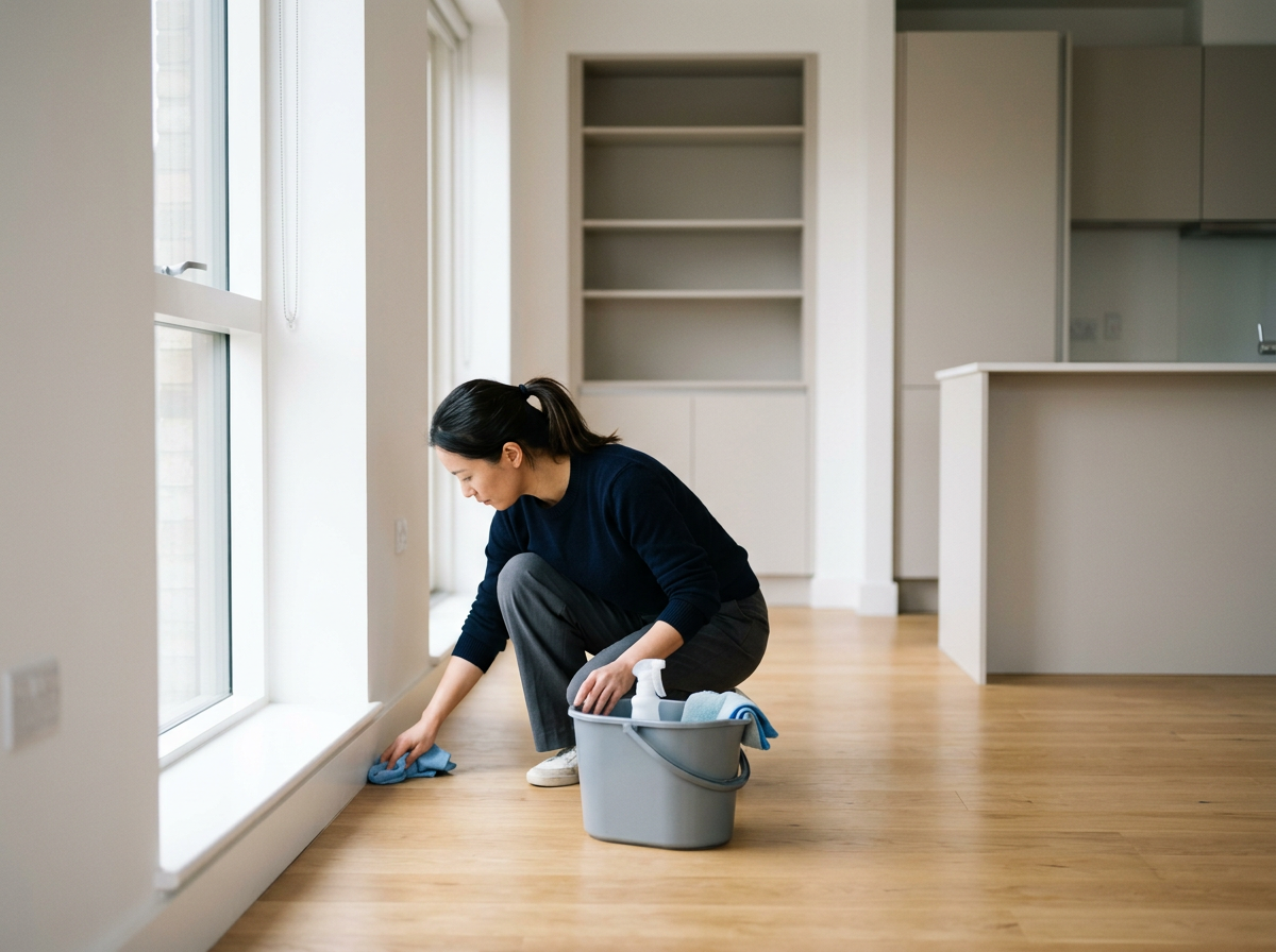 A woman cleaning hardwood floor near a large window in a modern kitchen.