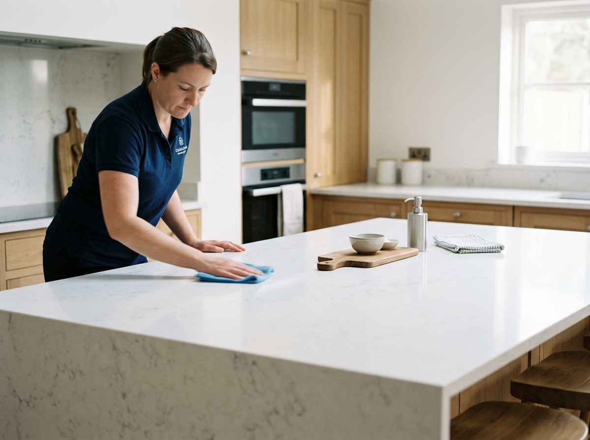 A woman cleaning a white kitchen island with a blue cloth, with bowls, a soap dispenser, and a cloth on the counter.
