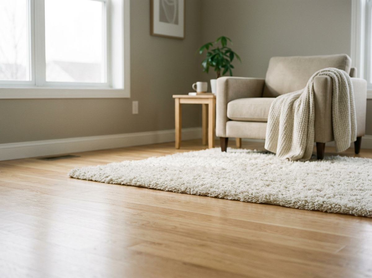 A cozy living room corner with a beige armchair, a fluffy white area rug, a small wooden side table with a plant and a mug, and framed art on the wall, illuminated by natural light from large windows.