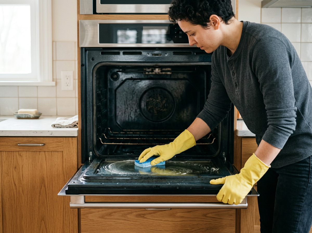 Person cleaning a glass oven door with a sponge and wearing yellow rubber gloves in a kitchen.