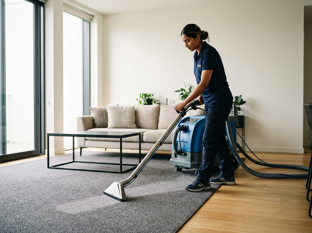 A woman in navy uniform cleaning a carpet with a professional carpet cleaning machine in a living room with a couch, coffee table, and potted plants.