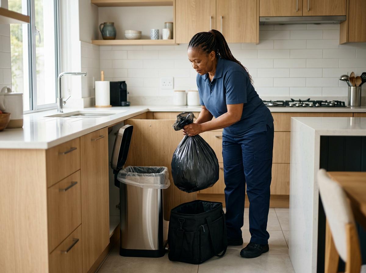 A woman in blue scrubs disposing of a black trash bag into a black trash can in a modern kitchen.