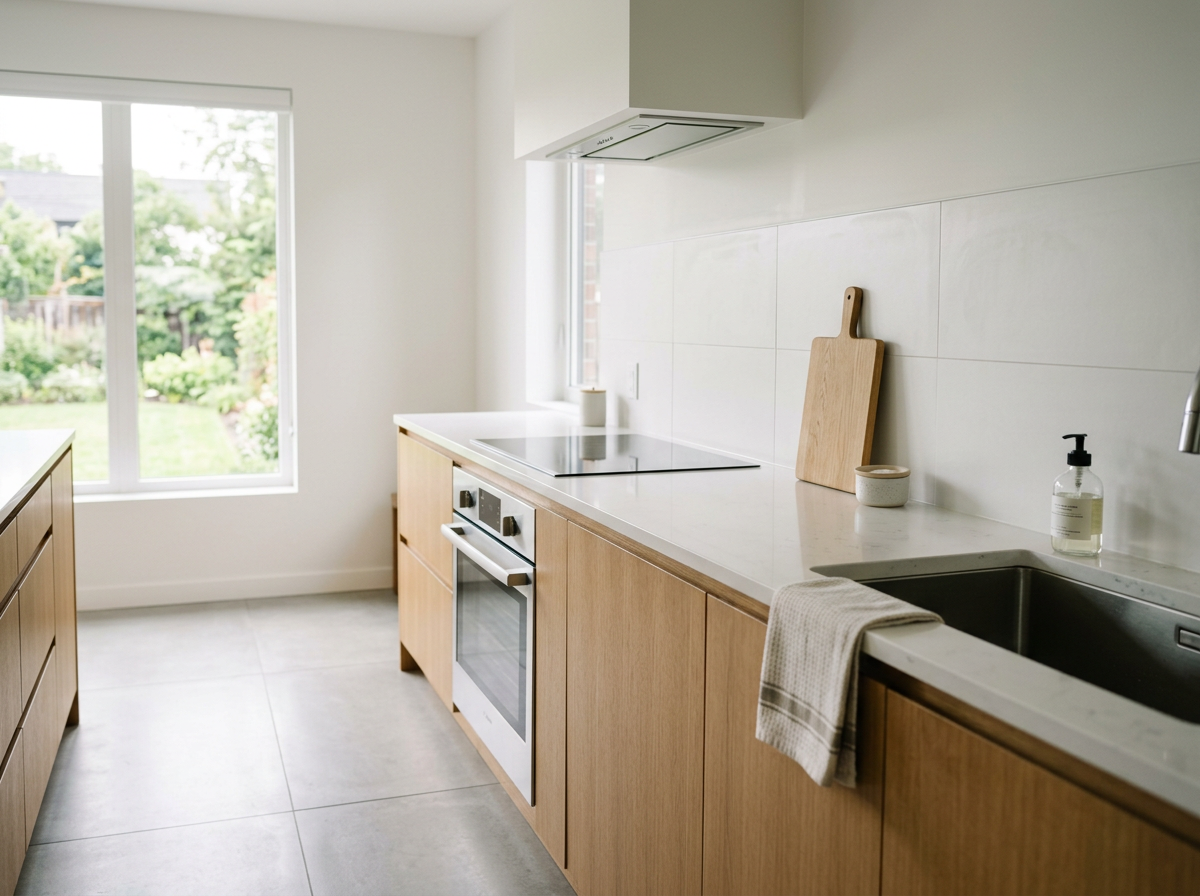 Modern minimalist kitchen with white walls, a large window overlooking a garden, a stovetop, a cutting board leaning against the backsplash, a soap dispenser, and a kitchen towel on the sink.