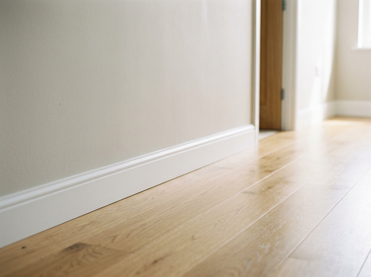 Close-up of a baseboard along a light-colored wall and wooden flooring in a room with a partially open door, bright sunlight coming through window.