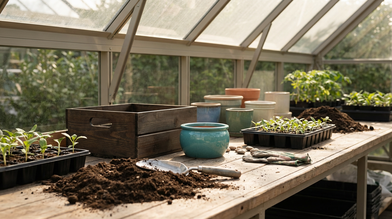 Sunlit greenhouse interior with soil, seedlings, and gardening tools on a wooden table.