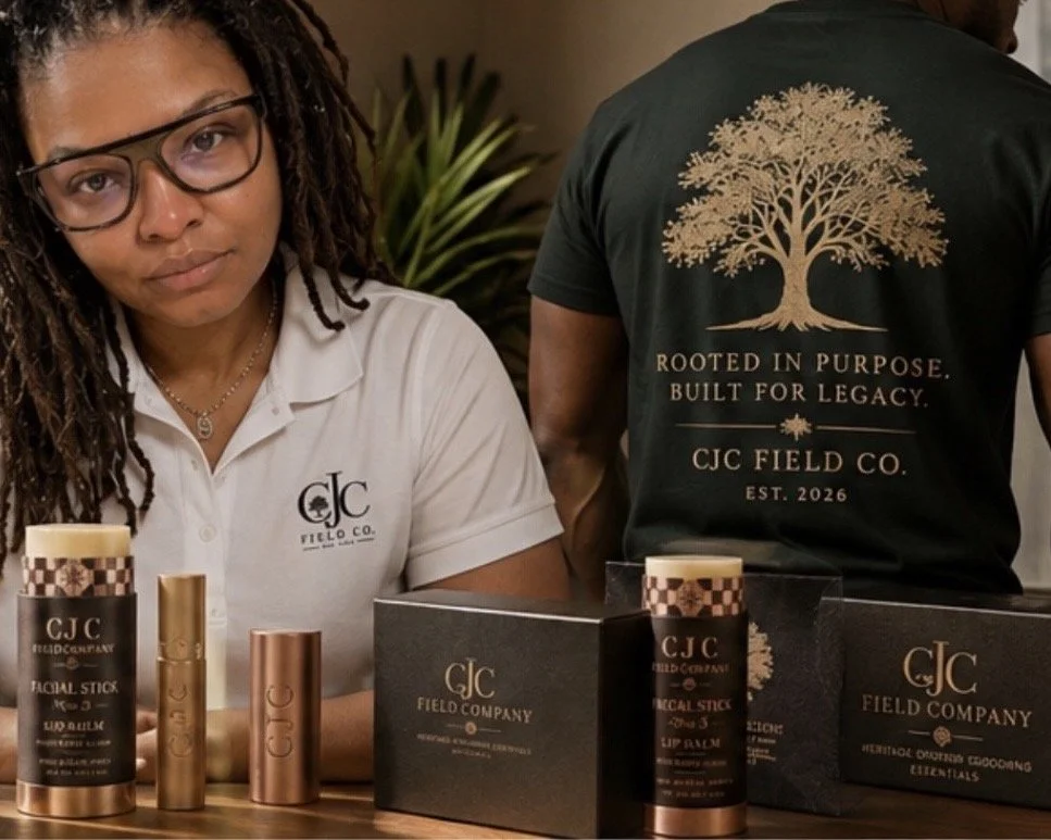 CJC Field Co. founder wearing a white polo shirt with grooming products displayed on a table, alongside a man wearing a green Heritage T-shirt