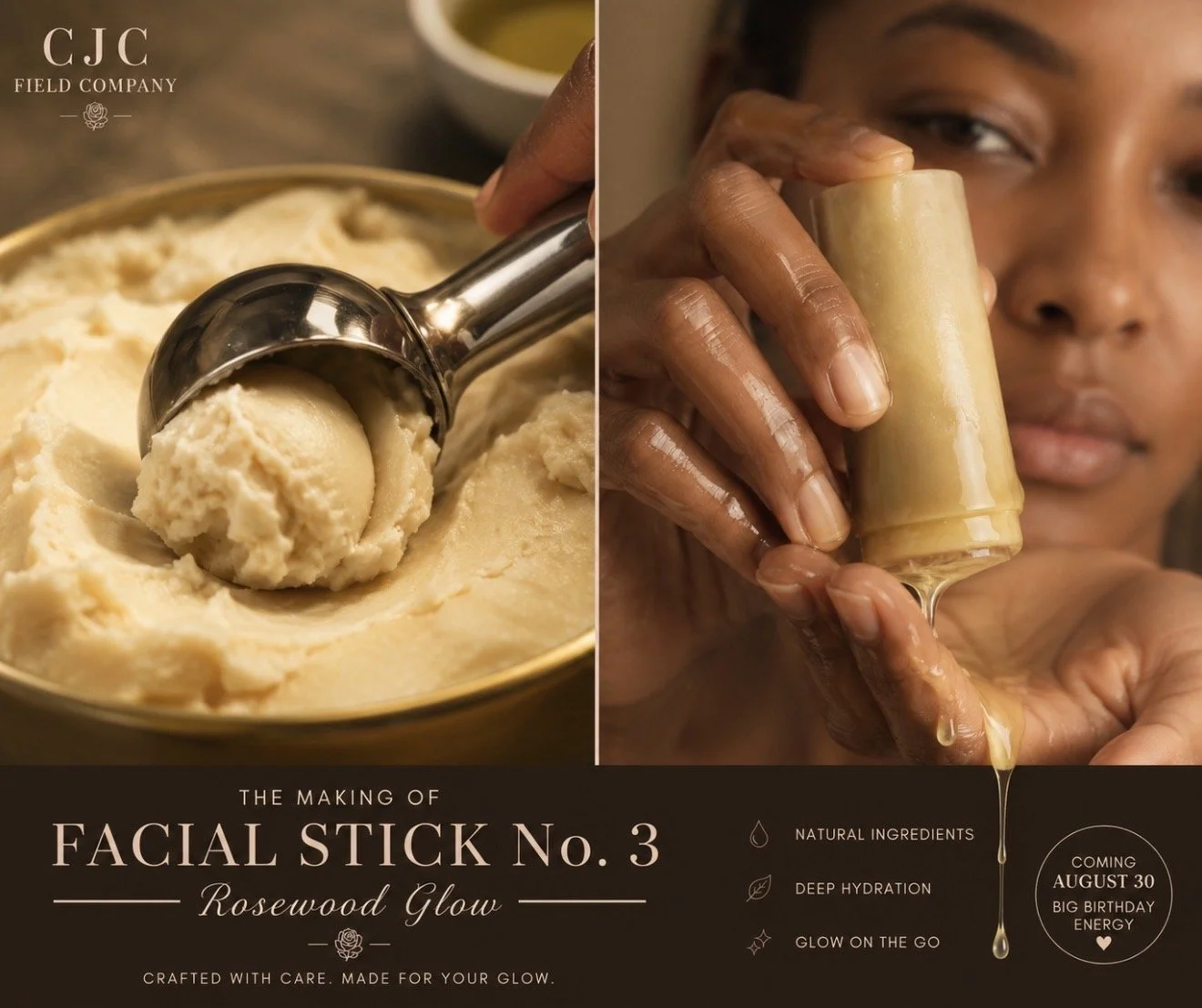 CJC Field Co. Rosewood Glow Facial Stick No. 3 being handcrafted with nourishing butters
