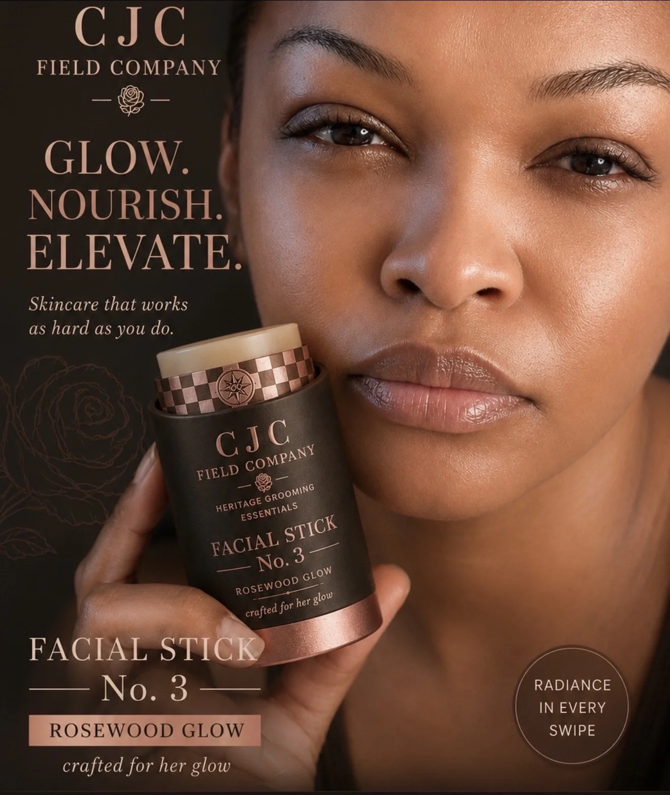 CJC Field Co. Rosewood Glow women’s grooming essential held near the cheek