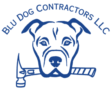 Logo of Blu Dog Contractors LLC featuring a line art illustration of a dog's face with a hammer in its mouth, encircled by the company name.