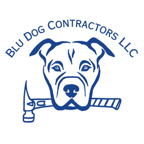 Logo of Blu Dog Contractors LLC featuring a dog's head holding a hammer in its mouth.