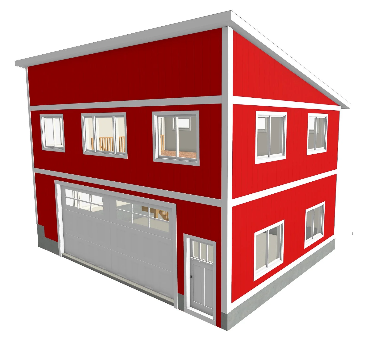 3D image of a two story red and white garage