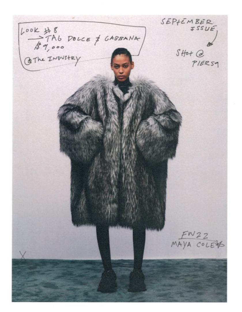 A woman standing against a white wall, wearing a large fur coat and black shoes. Handwritten notes around her mention a fashion look for Dolce & Gabbana, an industry reference, and a magazine issue.