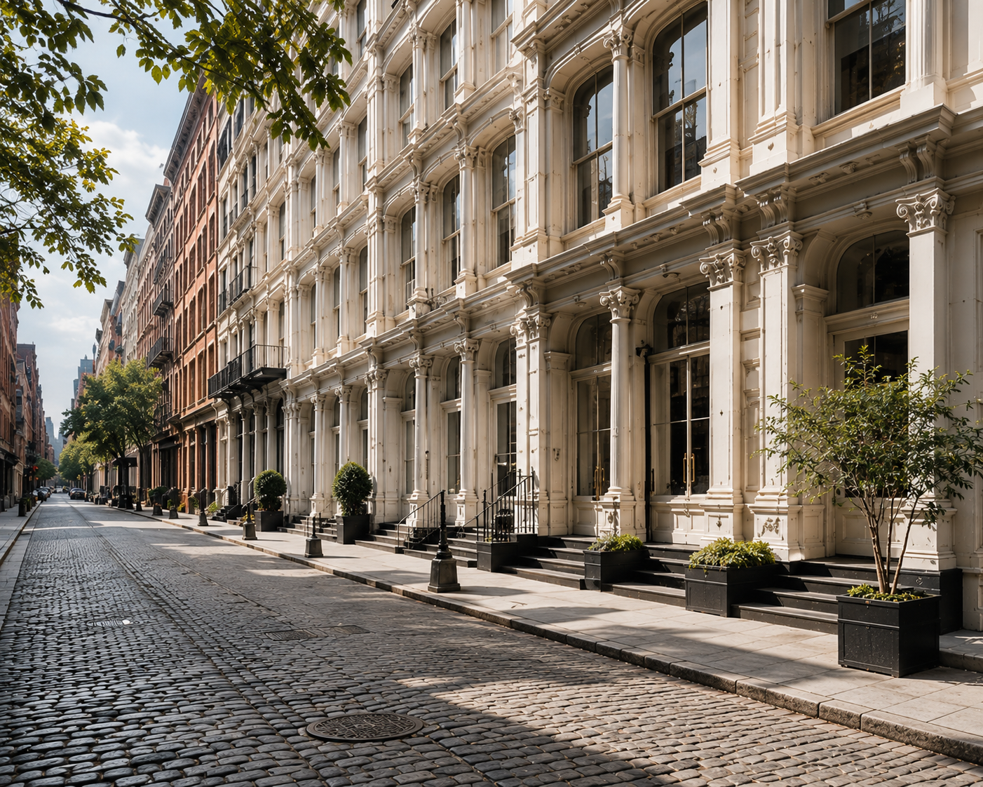 Row of ornate white cast-iron facades along a sunlit cobblestone street.