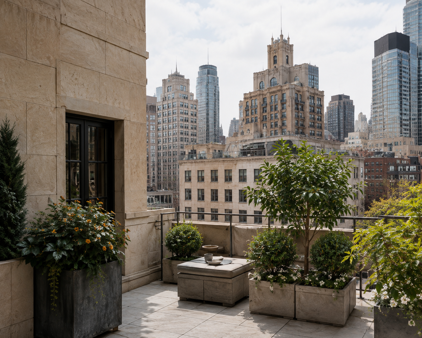 City terrace with stone planters and flowers overlooking surrounding Manhattan buildings.