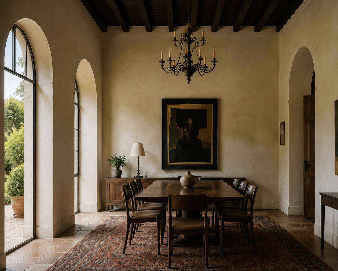 Dining room with plaster walls, dark ceiling beams, arched windows, chandelier, and antique dining table.