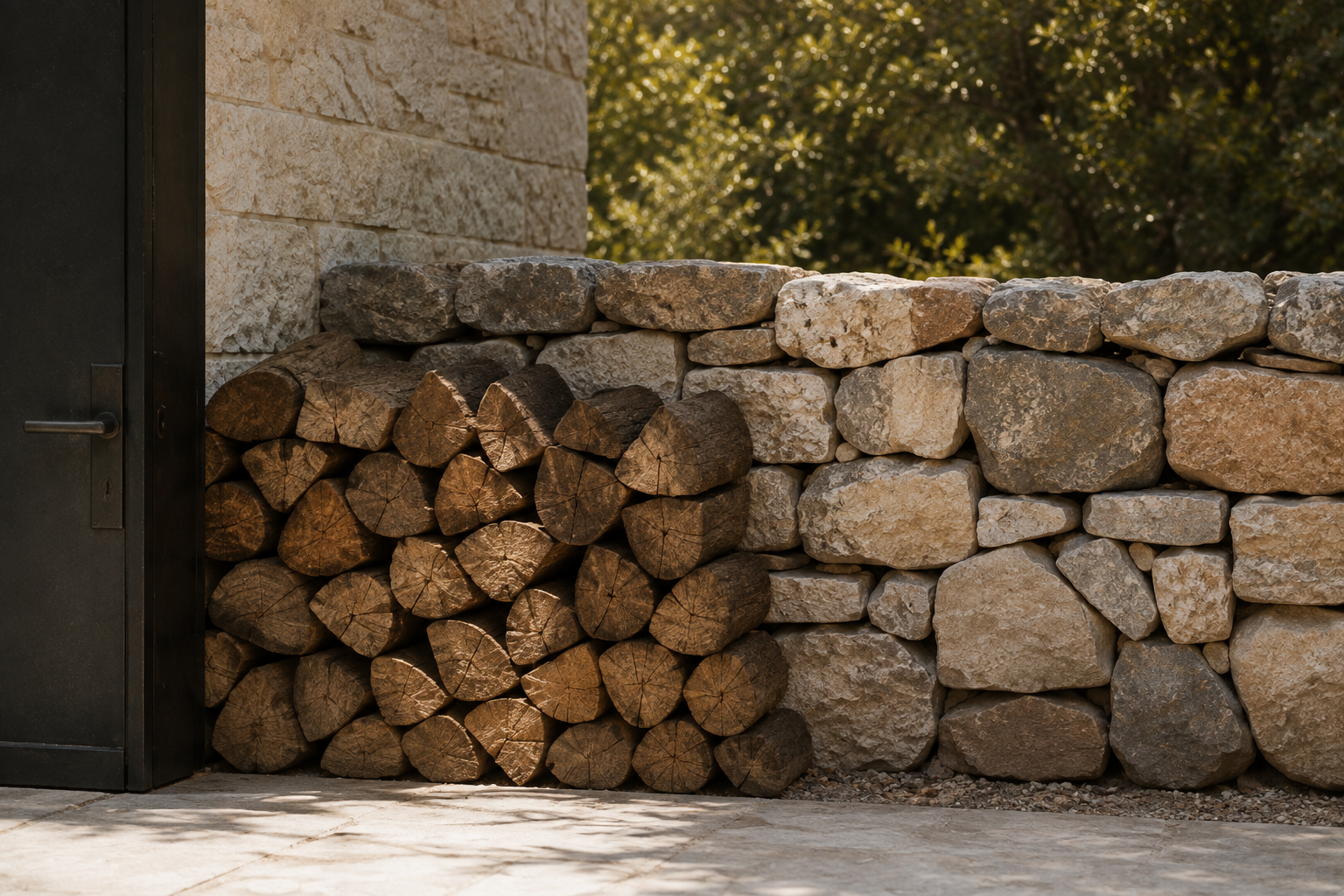 Stacked firewood arranged within a rough limestone wall.