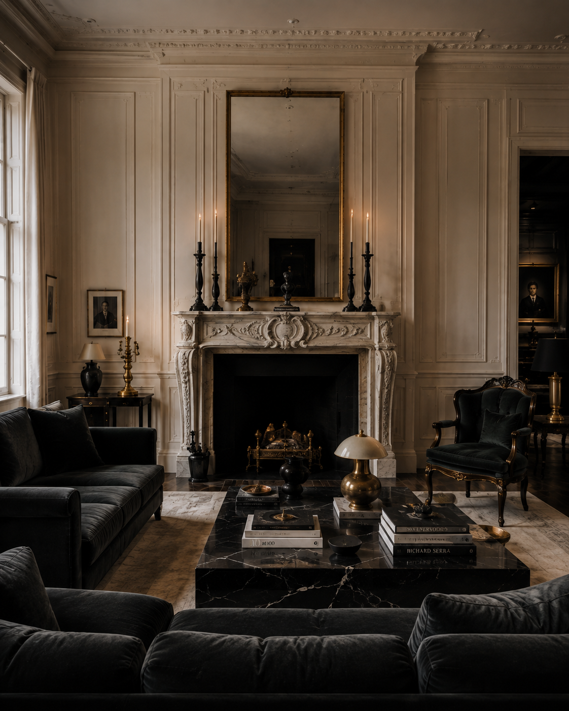 Formal living room with ornate fireplace, tall windows, dark seating, and paneled walls.