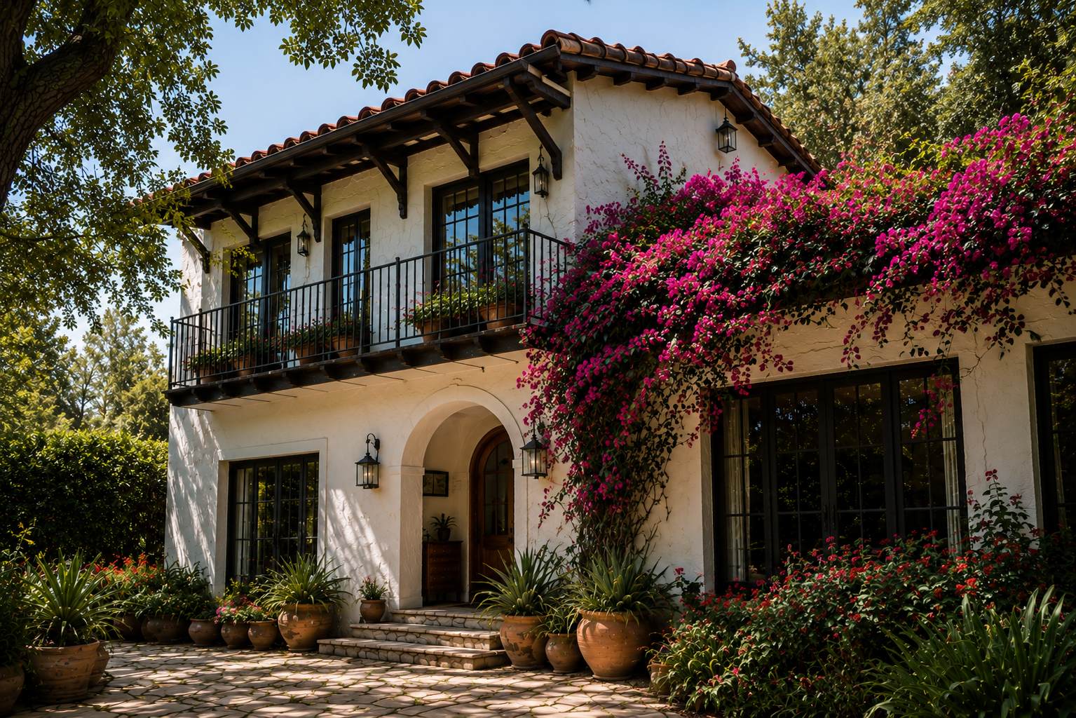 Spanish Colonial residence with white stucco walls, wrought-iron balconies, and flowering bougainvillea.