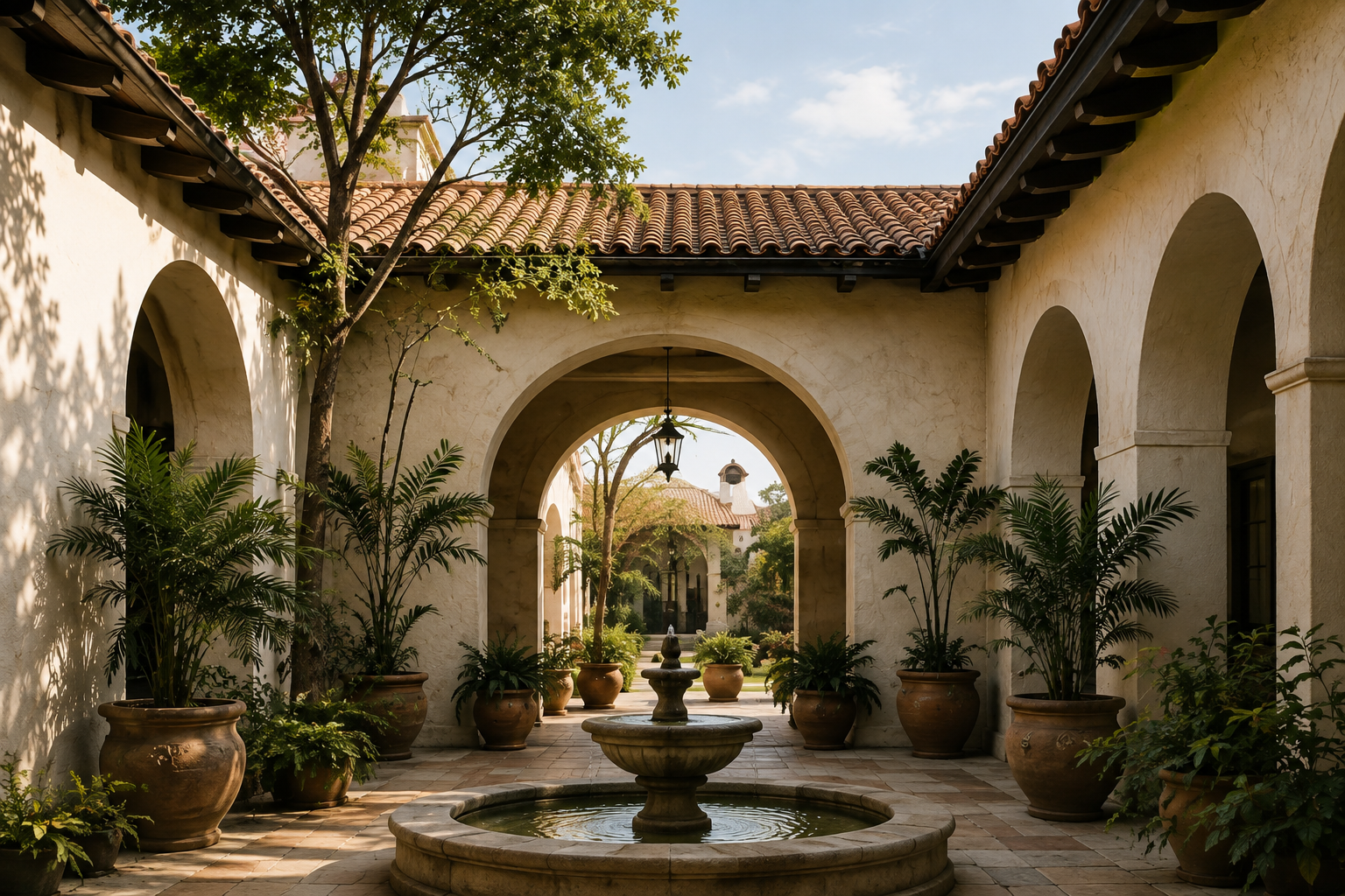 Spanish Colonial courtyard with arched stucco openings, terracotta tile roof, potted plants, and a central fountain.