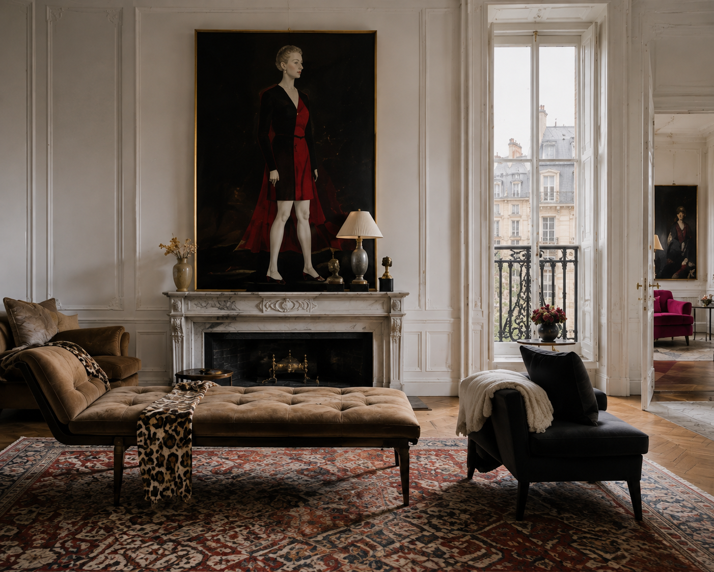Elegant living room with marble fireplace, tall window, framed portrait, patterned rug, and dark seating.
