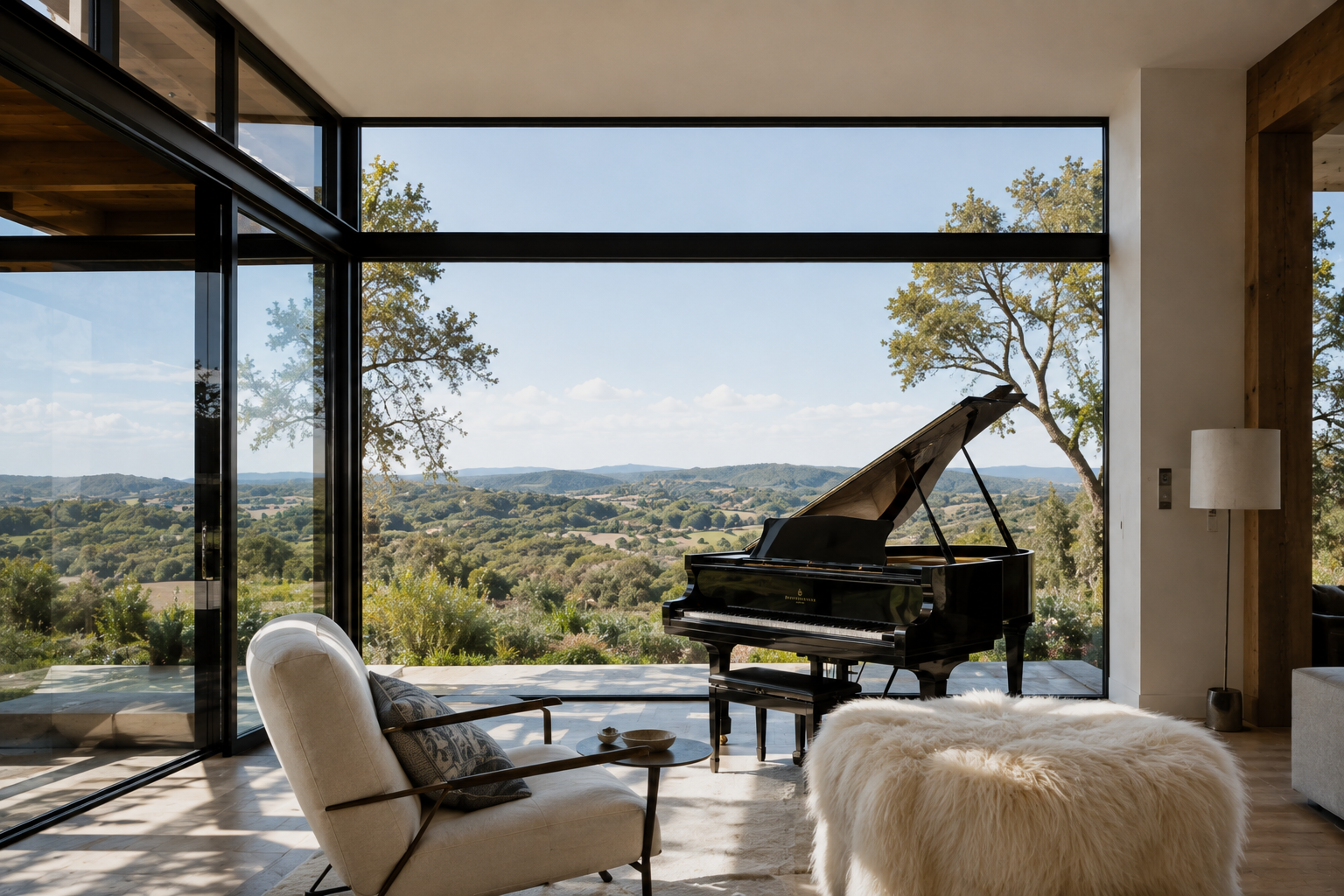 Black grand piano beside a cream lounge chair and floor-to-ceiling windows overlooking rolling hills.