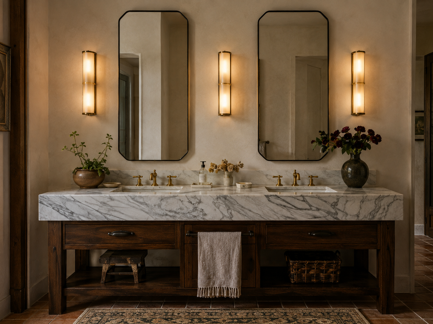 Double vanity with marble countertop, twin mirrors, wall sconces, and dark wood cabinetry.