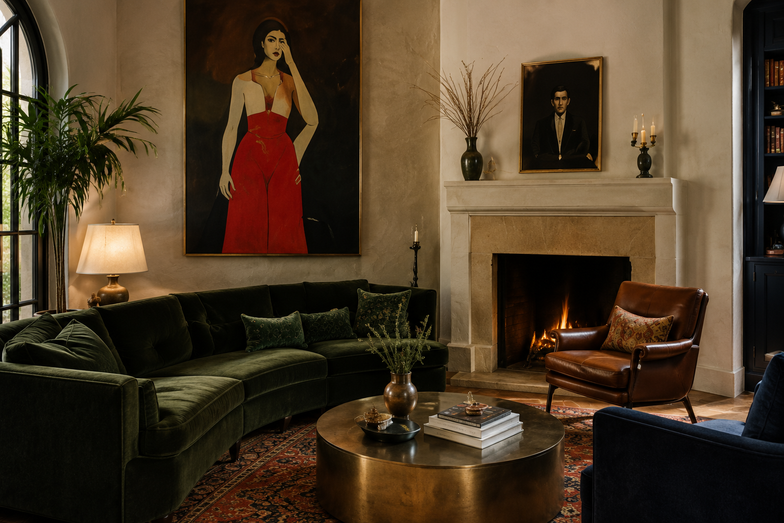 Living room with a curved green velvet sofa, fireplace, large portrait, patterned rug, and round brass coffee table.