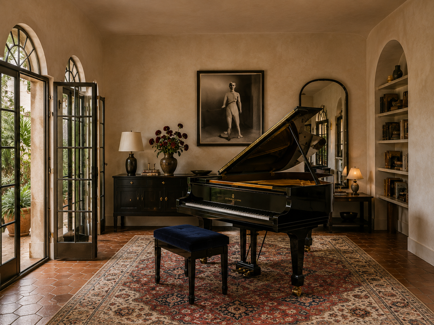 Living room with a black grand piano, patterned rug, framed artwork, and warm plaster walls.