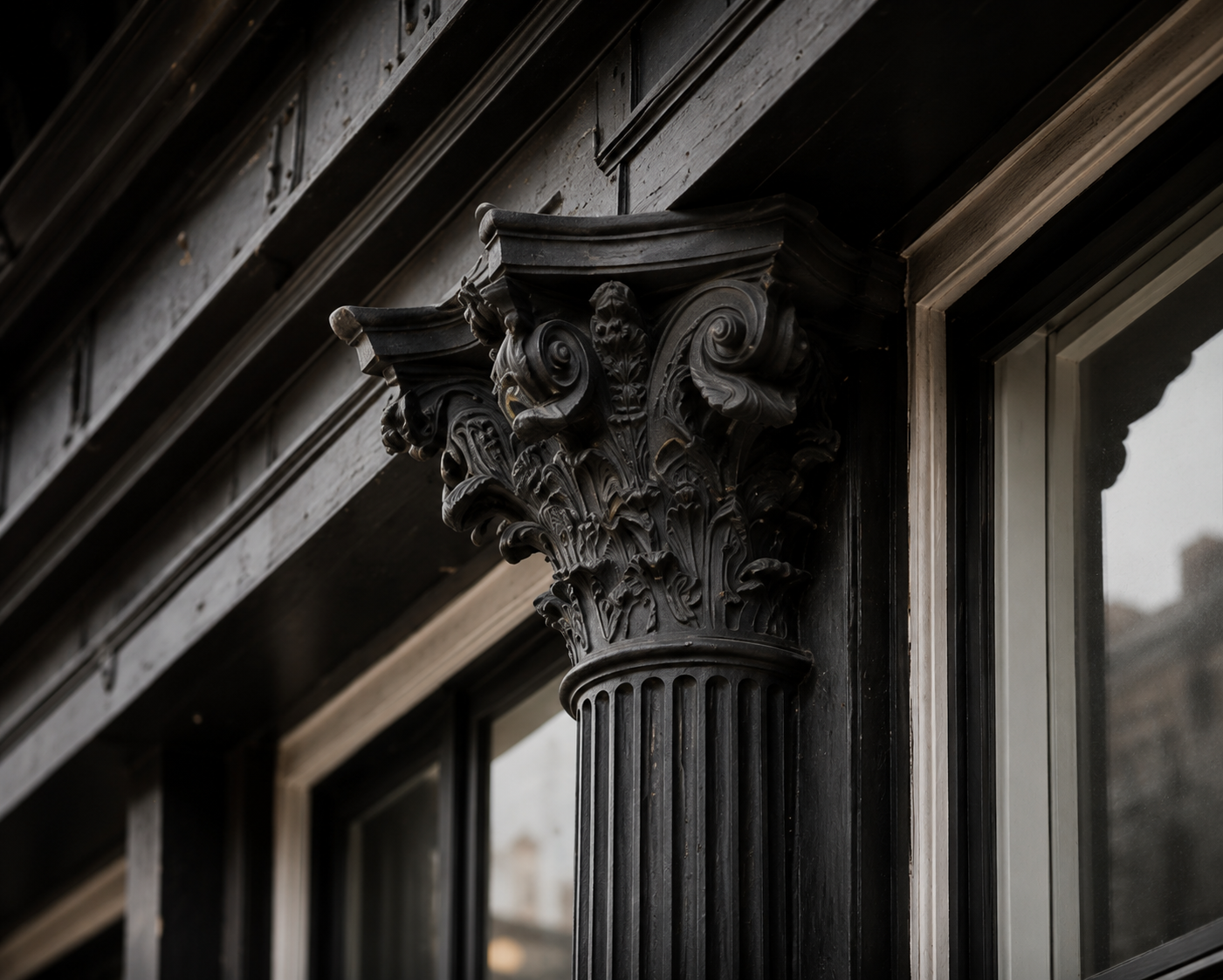 Close view of an ornate black cast-iron column with a carved Corinthian capital.