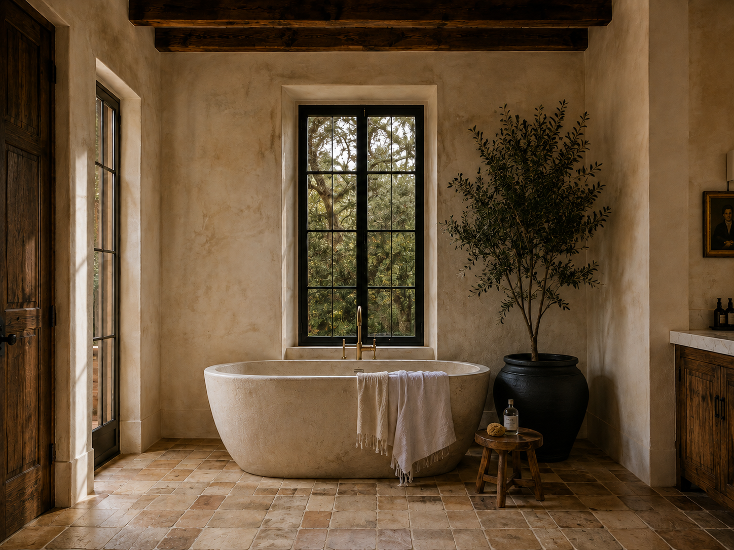 Bathroom with a freestanding stone bathtub, black steel window, plaster walls, and potted tree.