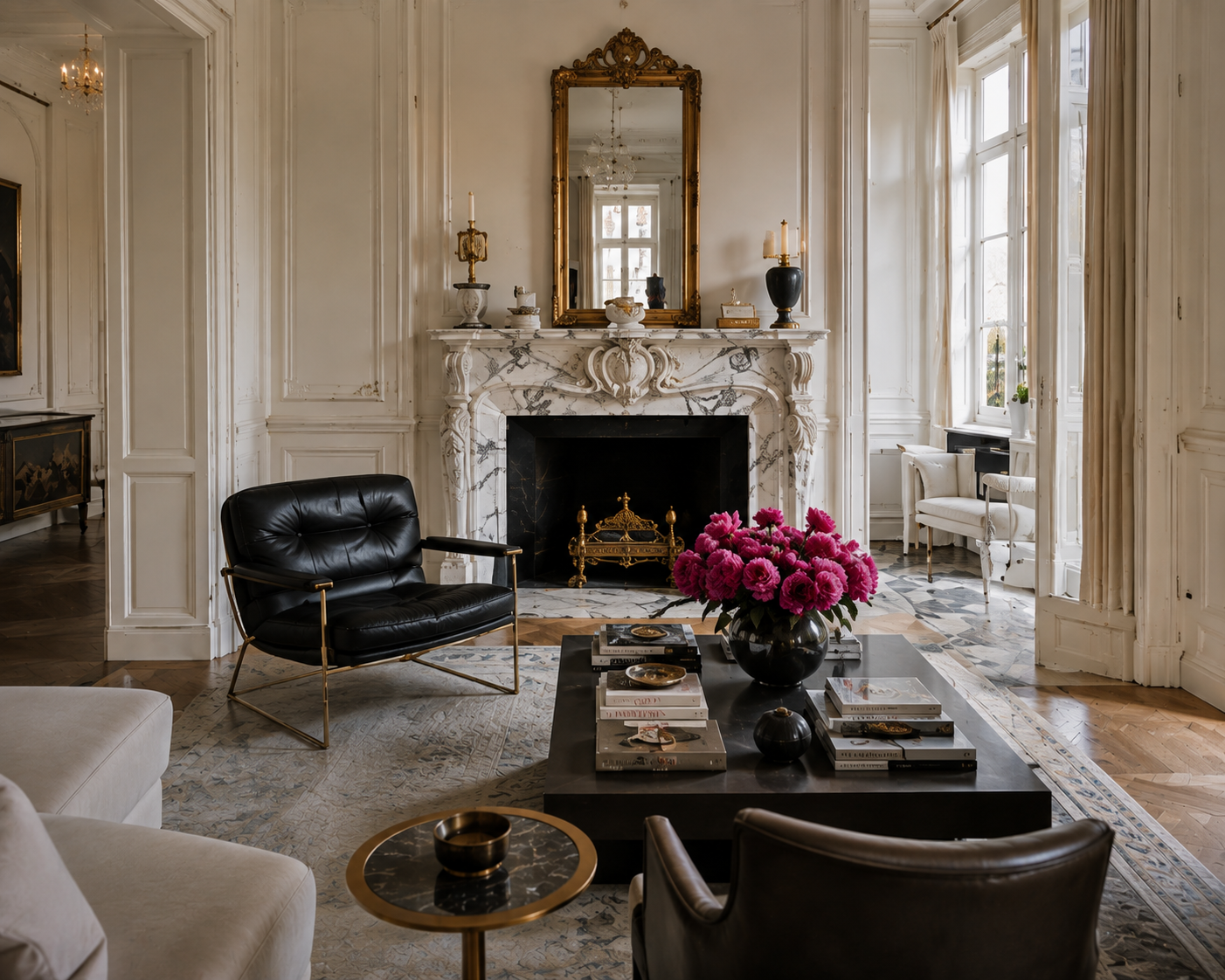 Elegant living room with marble fireplace, black leather seating, tall windows, and bright pink flowers.