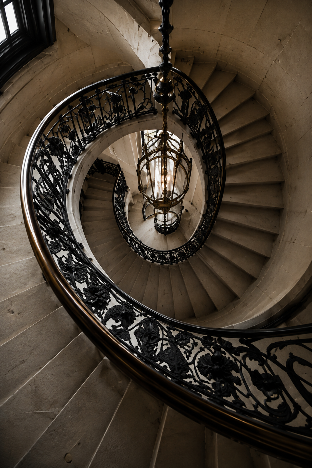 Curving stone staircase with ornate black wrought-iron railing and hanging lantern.