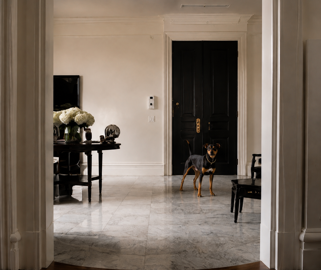 Maddie, Veronica Lee Estes's dog, standing in a doorway of a traditional interior with marble floors and black doors.