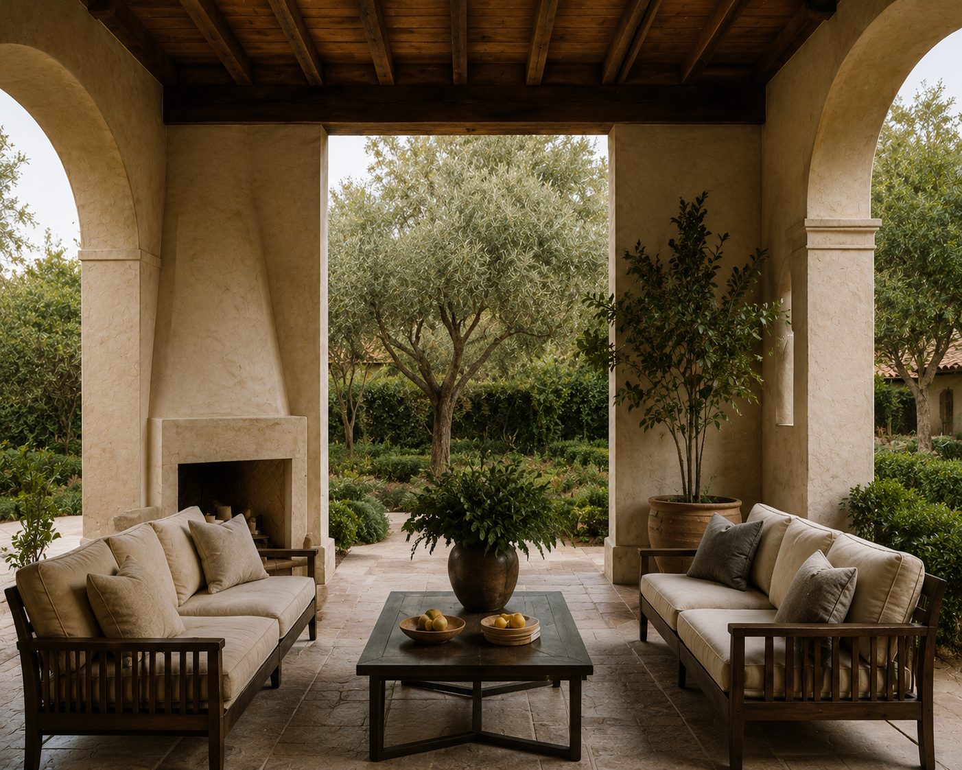Covered terrace with plaster walls, wood-beamed ceiling, lounge seating, and an open view to olive trees.