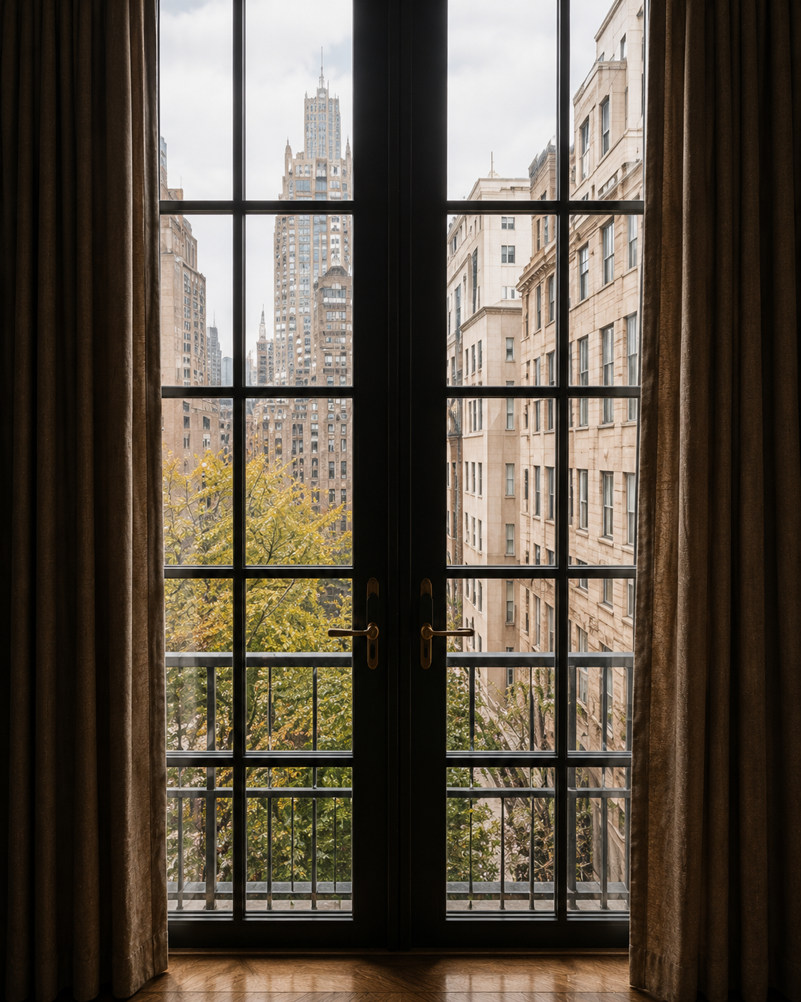 Tall black-framed windows overlooking Manhattan buildings and leafy treetops.