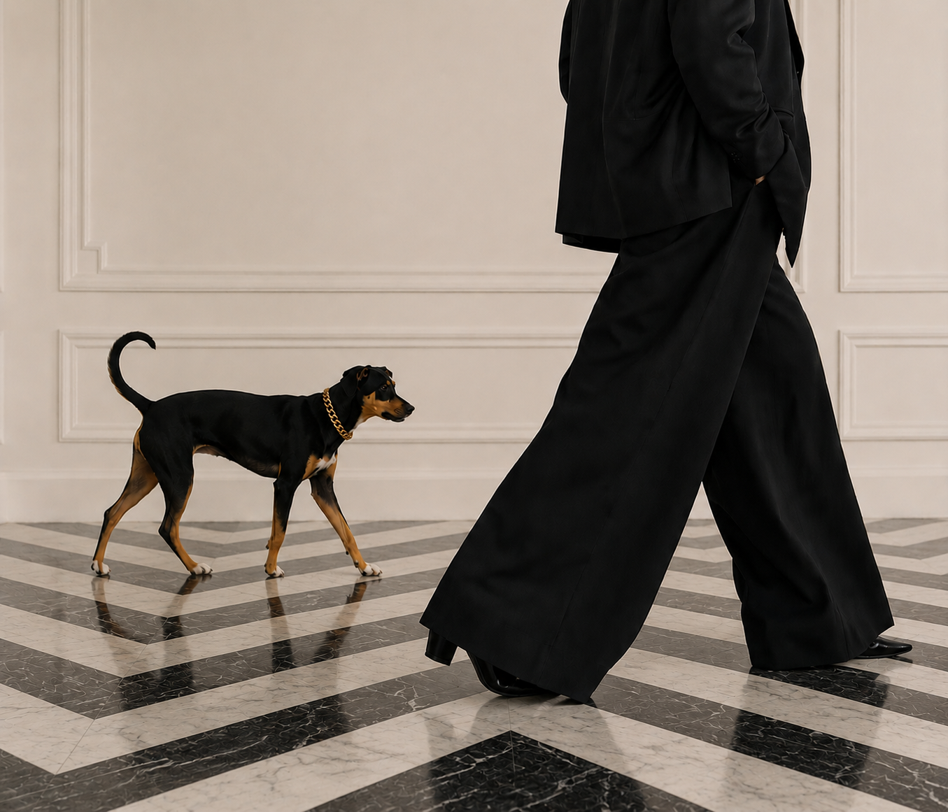 Veronica Lee Estes walking with Maddie, her dog, across a black-and-white patterned floor.
