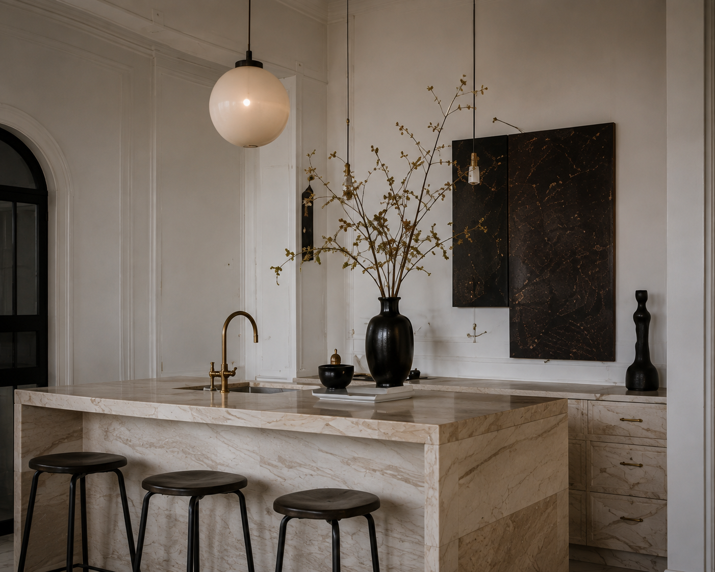 Light-filled marble kitchen with waterfall island, black stools, pendant light, and flowering branches.