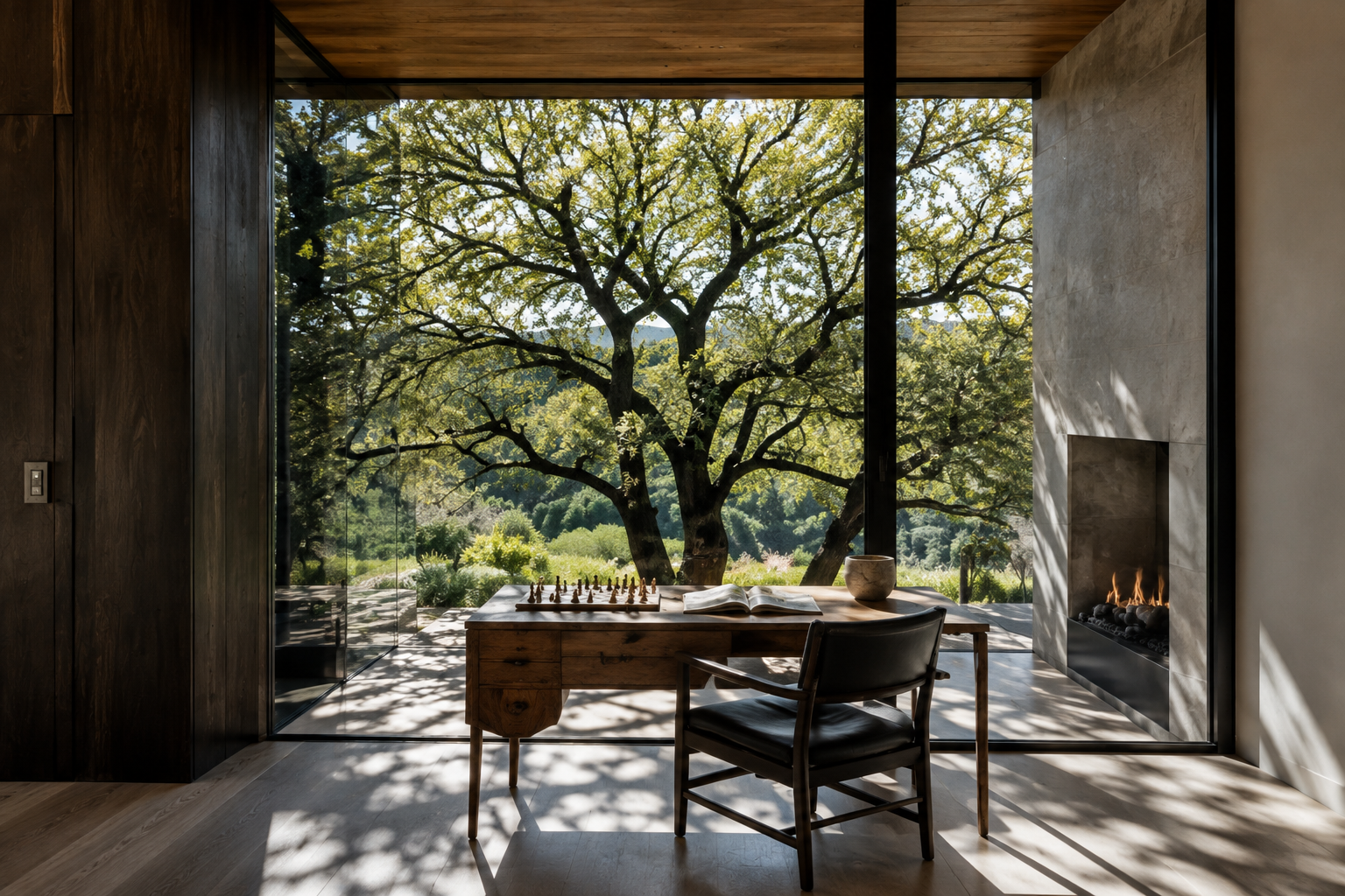 Writing table positioned beneath a mature oak tree visible through floor-to-ceiling glass.