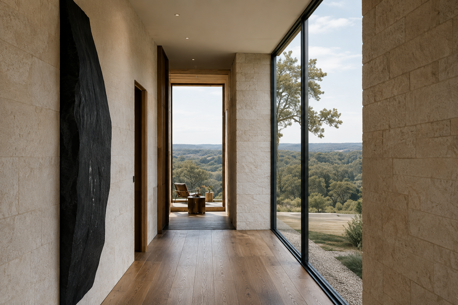Minimal hallway with wood floors and floor-to-ceiling glass opening toward the distant landscape.