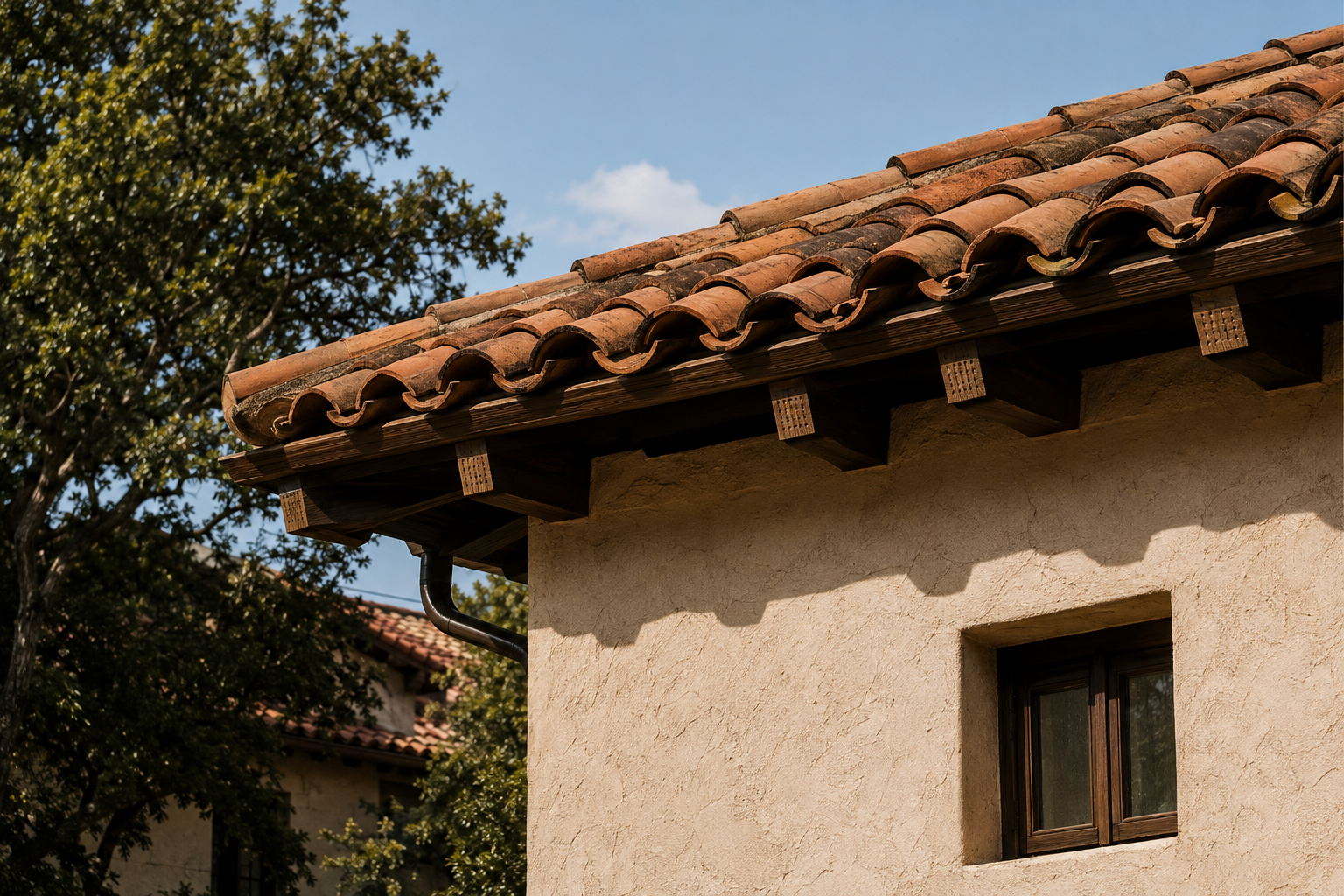 Terracotta tile roof with exposed dark wood beams above a textured stucco wall.
