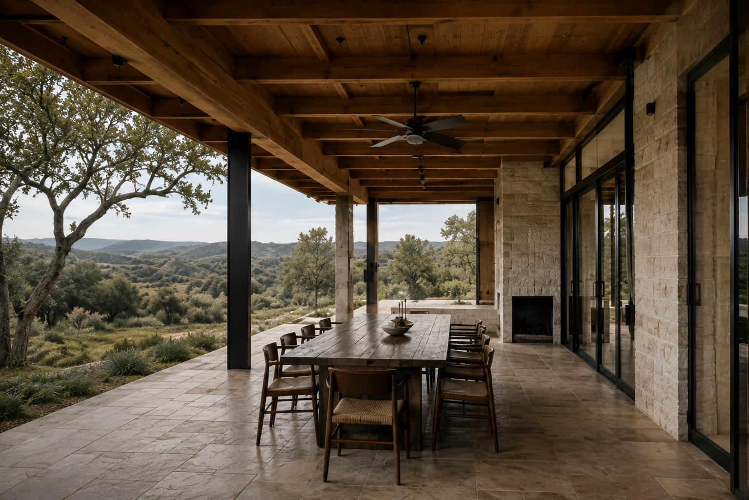 Covered dining terrace with exposed wood ceiling, limestone walls, fireplace, and long dining table.