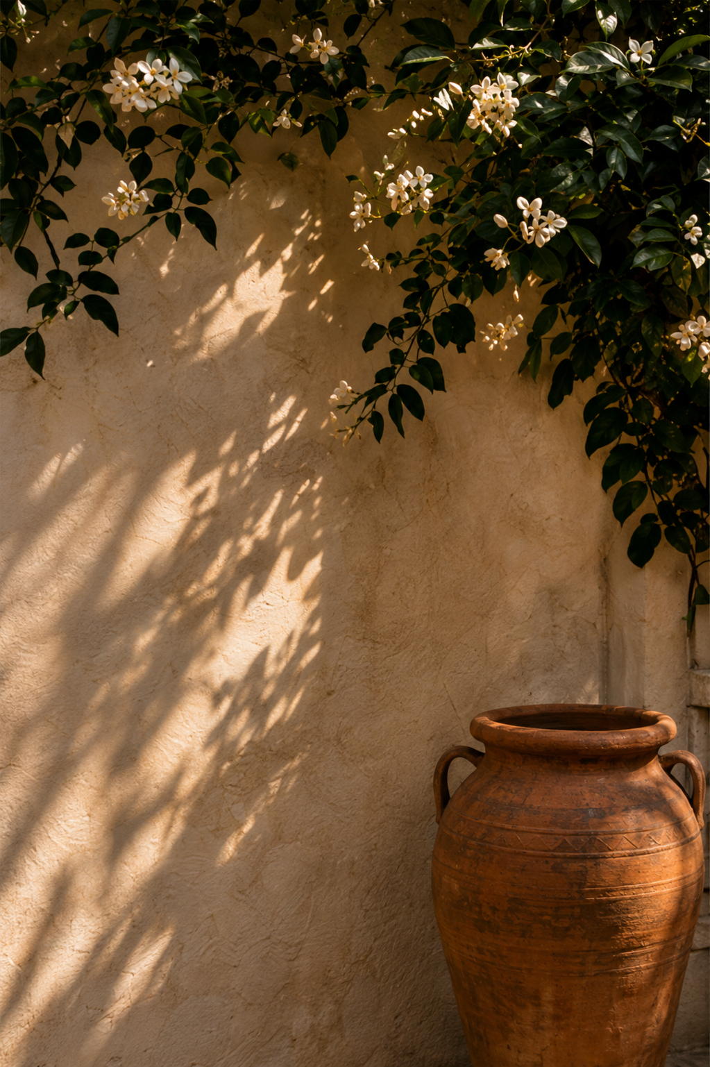 Textured plaster wall with a terracotta vessel, climbing greenery, and leafy shadows.