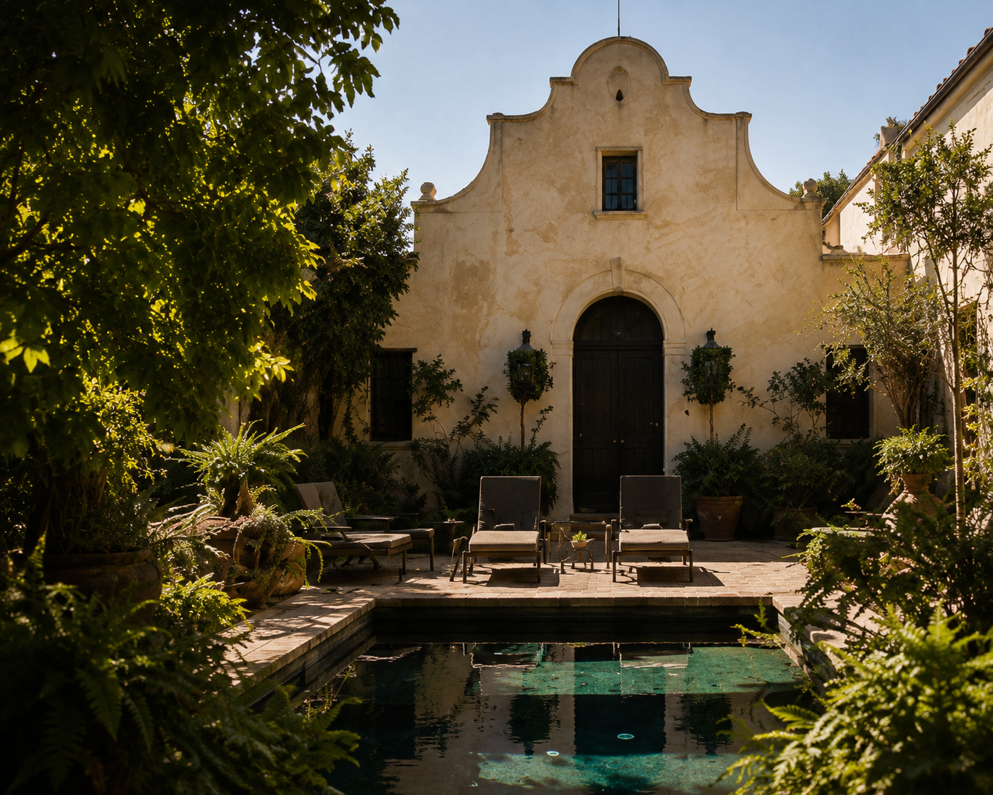 Mission-style stucco facade overlooking a rectangular reflecting pool surrounded by mature landscaping.