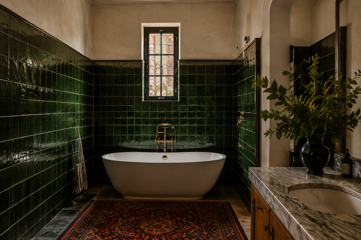 Bathroom with glossy dark green tile walls, freestanding white bathtub, patterned rug, and tall window.