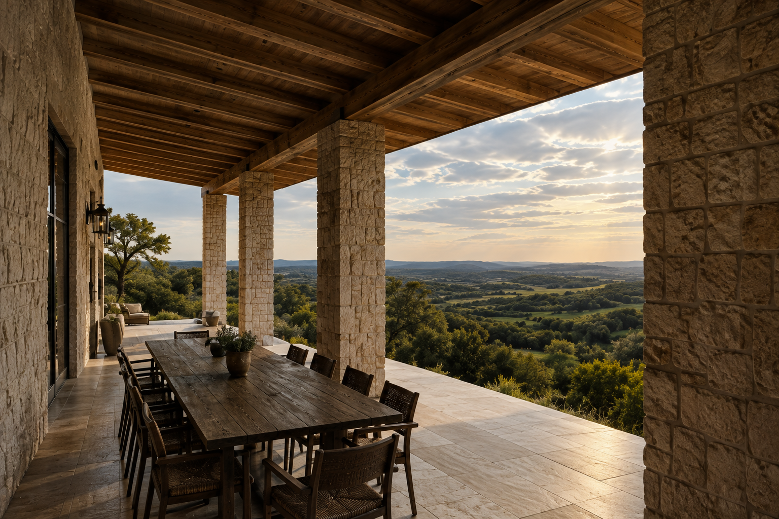 Covered limestone terrace with a long wood dining table overlooking the Hill Country landscape.