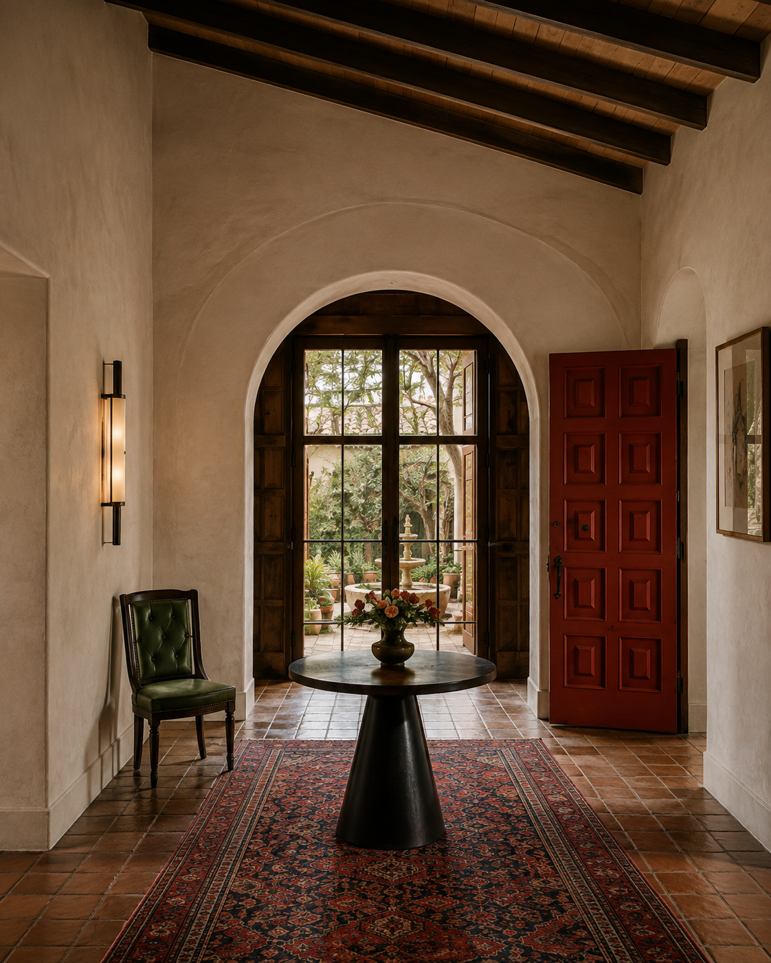 Arched entry hall with plaster walls, open red door, patterned rug, and a view into the garden.