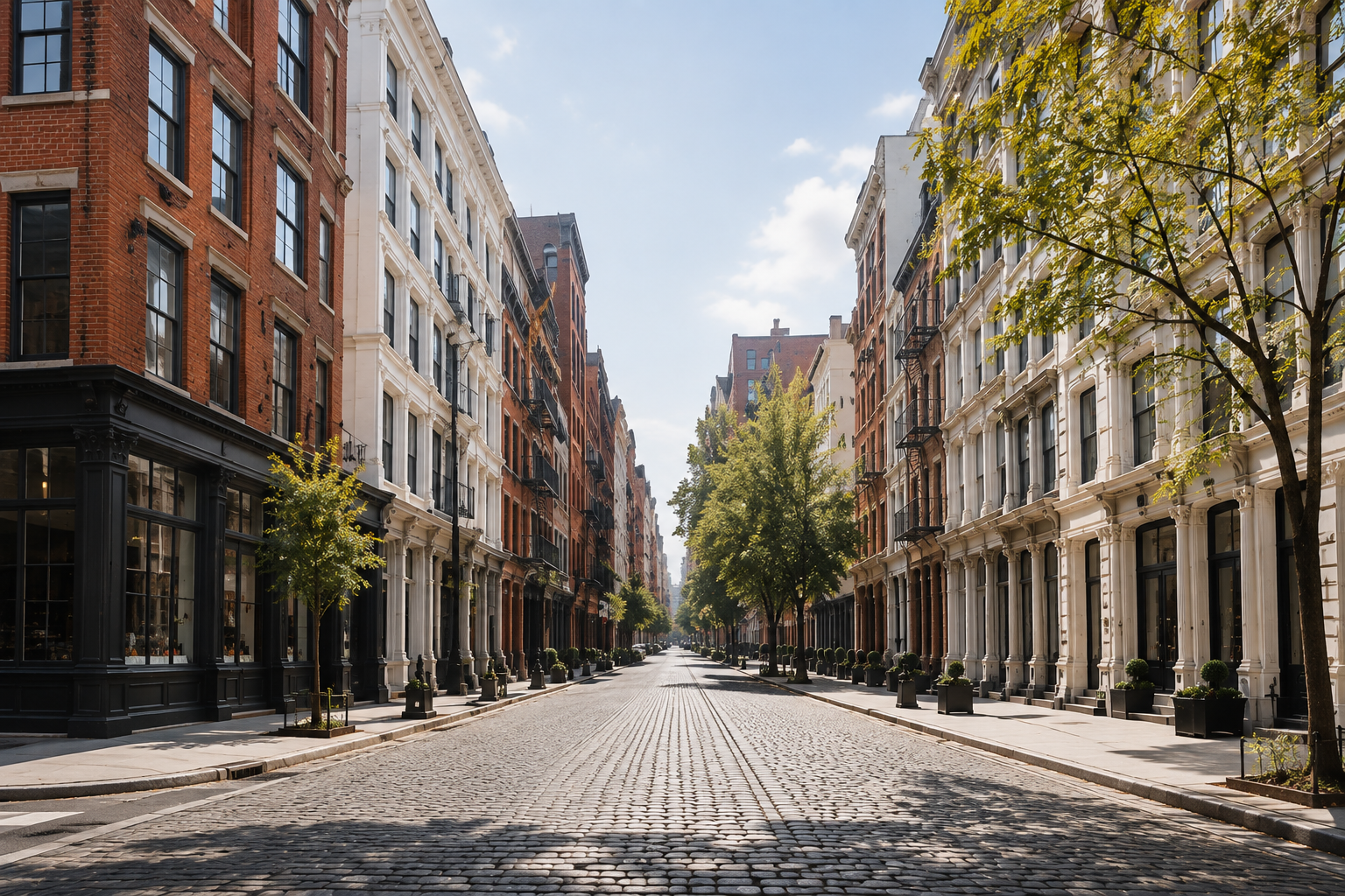 Long cobblestone street lined with historic cast-iron and brick buildings and leafy trees.